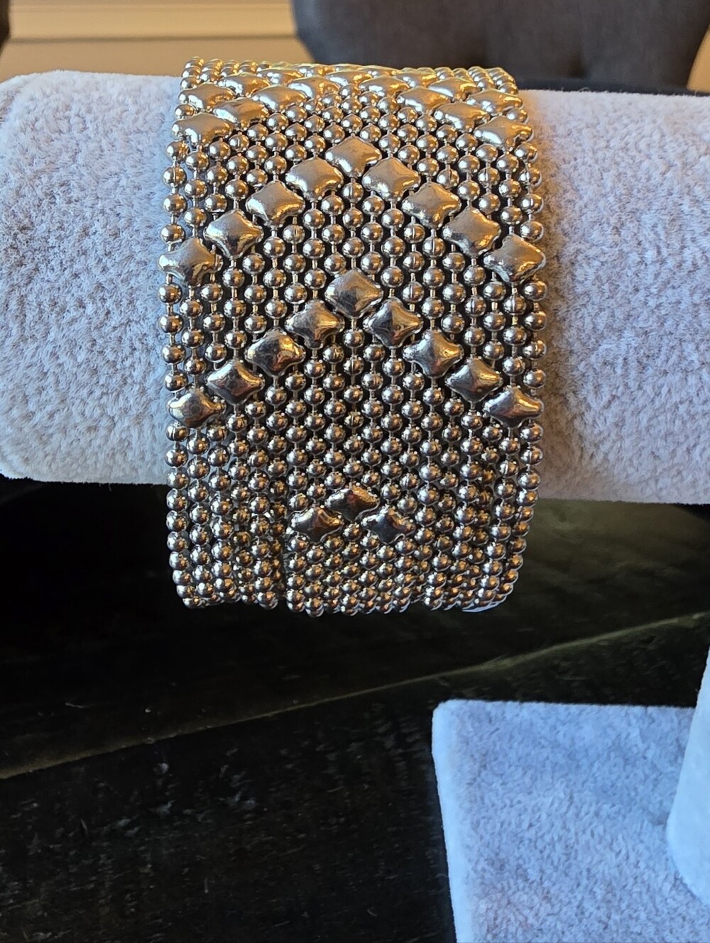 Silver Tone Wide Beaded Mesh Statement Bracelet Snap Closure